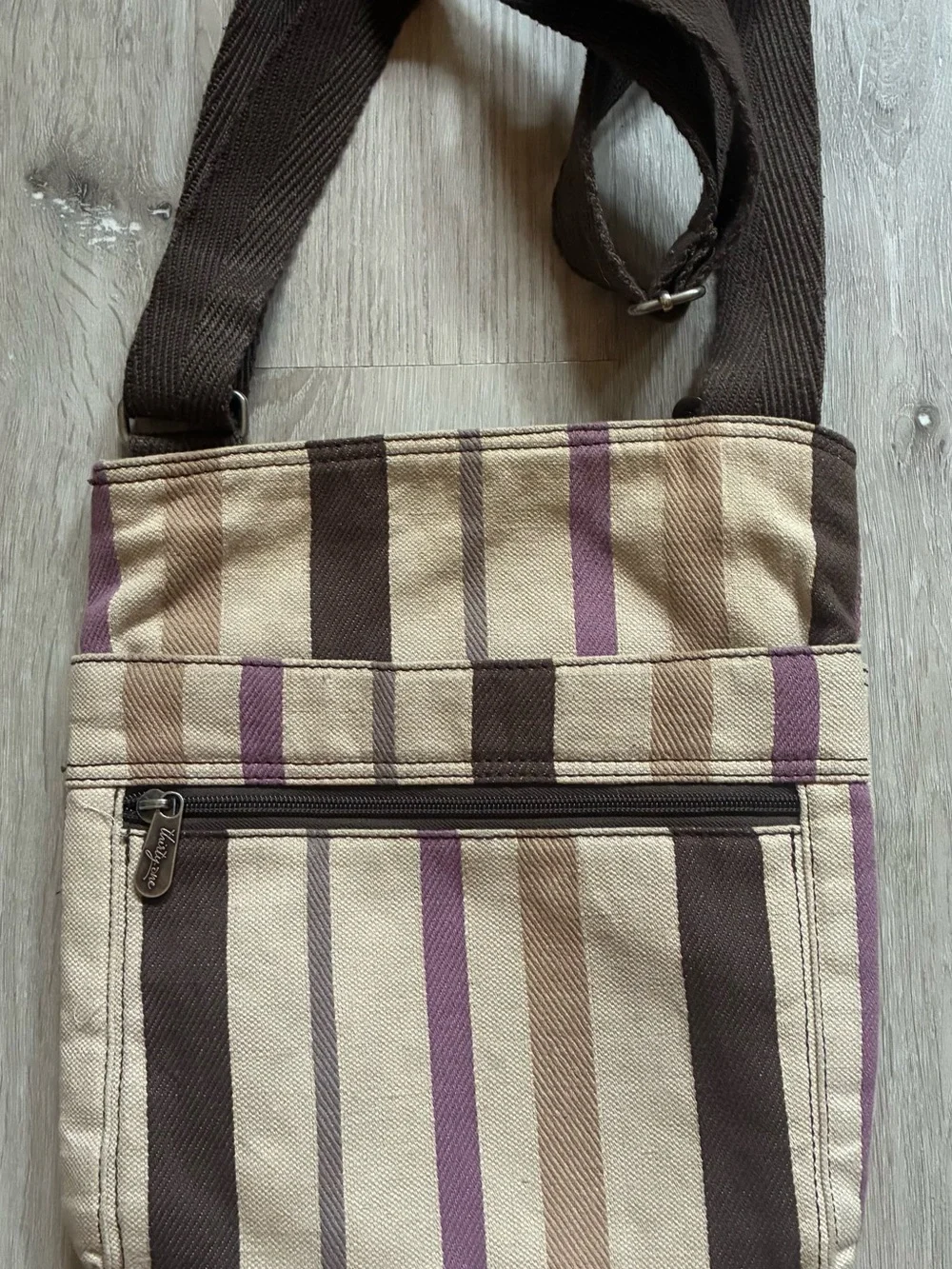 Striped Canvas Crossbody Bag in Cream, Brown & Purple